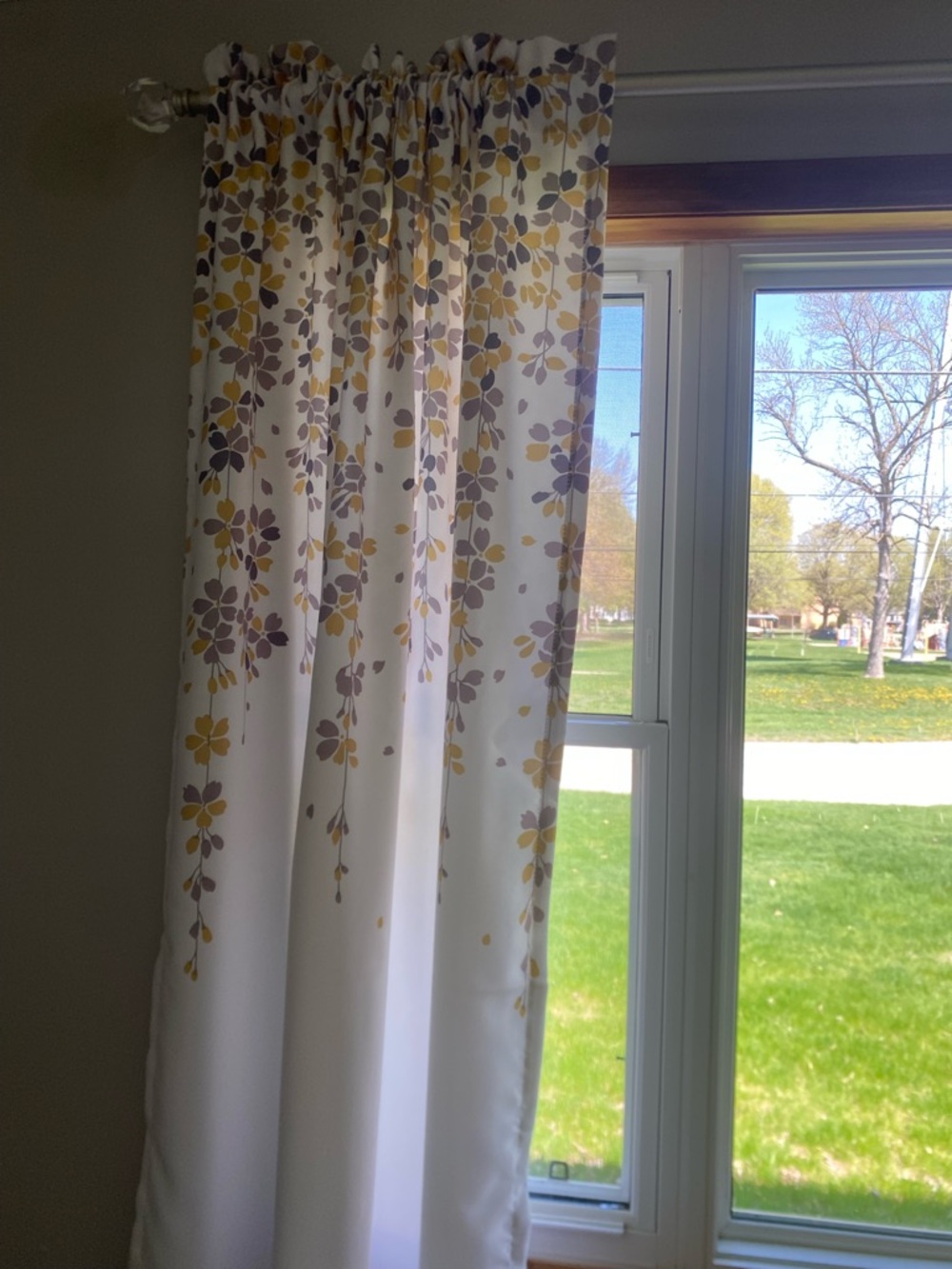 Floral Print White Curtain Panel with Yellow and Gray Accents 2 sets available.
